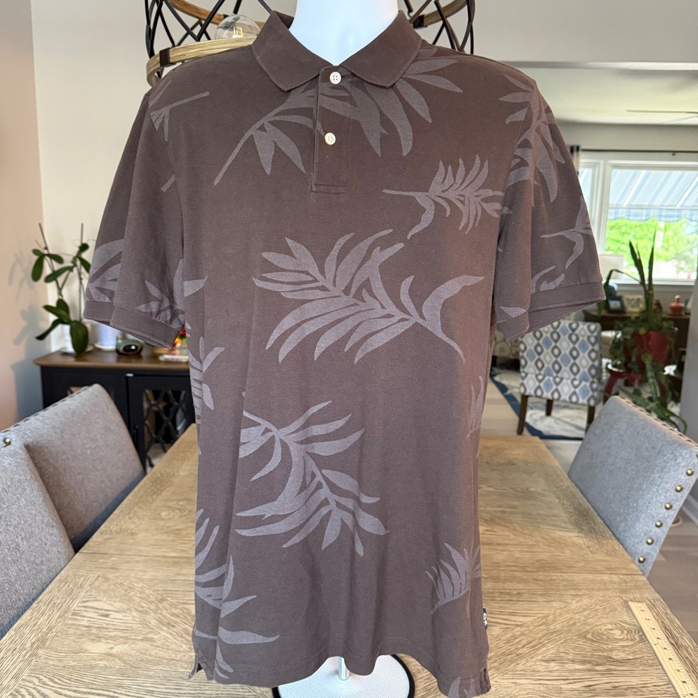 Chaps 1978 Mens Brown Palm Leaf Print Pique Polo Shirt Short Sleeve Size M